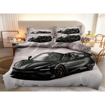 Pościel 160x200 bawełna satynowa szara czarny samochód PK630 z prześcieradłem